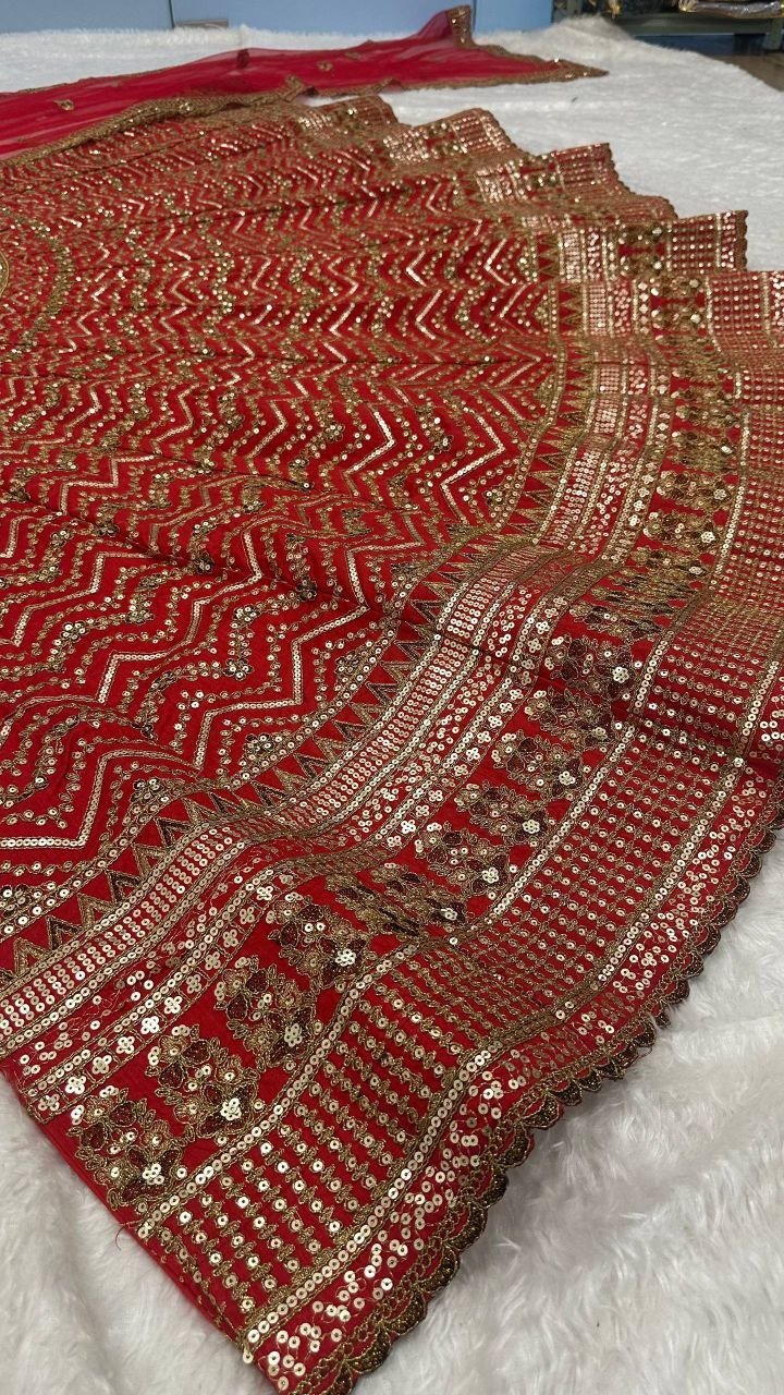 Chevron Embroidered Heavy Bridal Velvet Lehenga Set with Blouse
