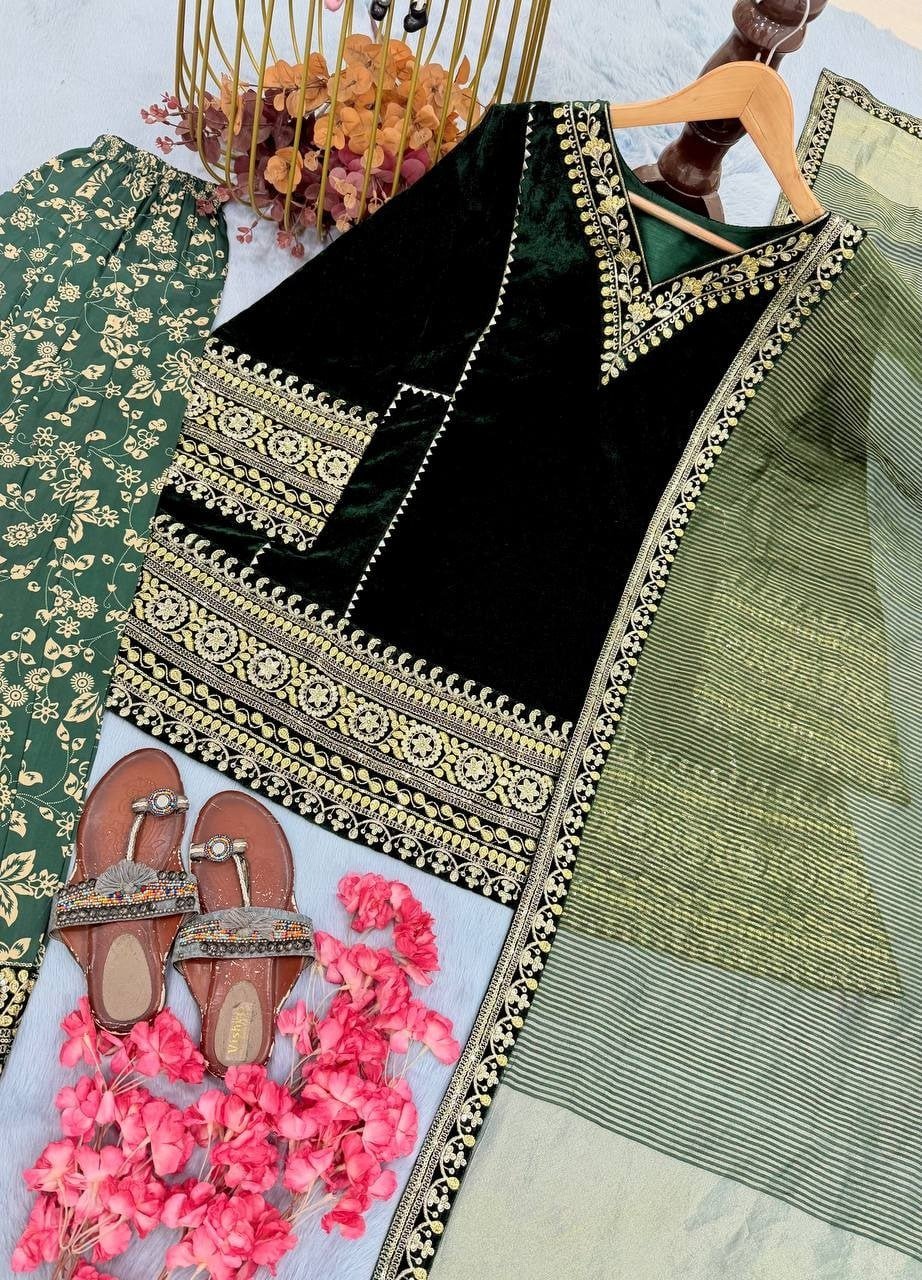 Velvet Heavily Embroidered Kurta With Salwar And Dupatta Set - Surat Wholesale Ethnic Wear (Photo 6)