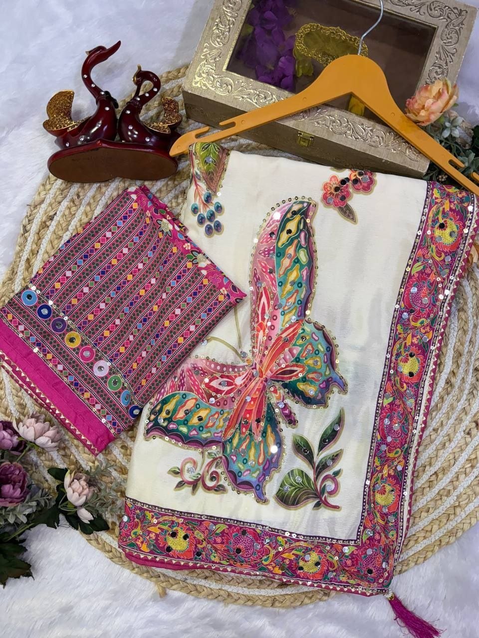 Embrace Garden Floral Romance in Intricately Embroidered Organza Saree