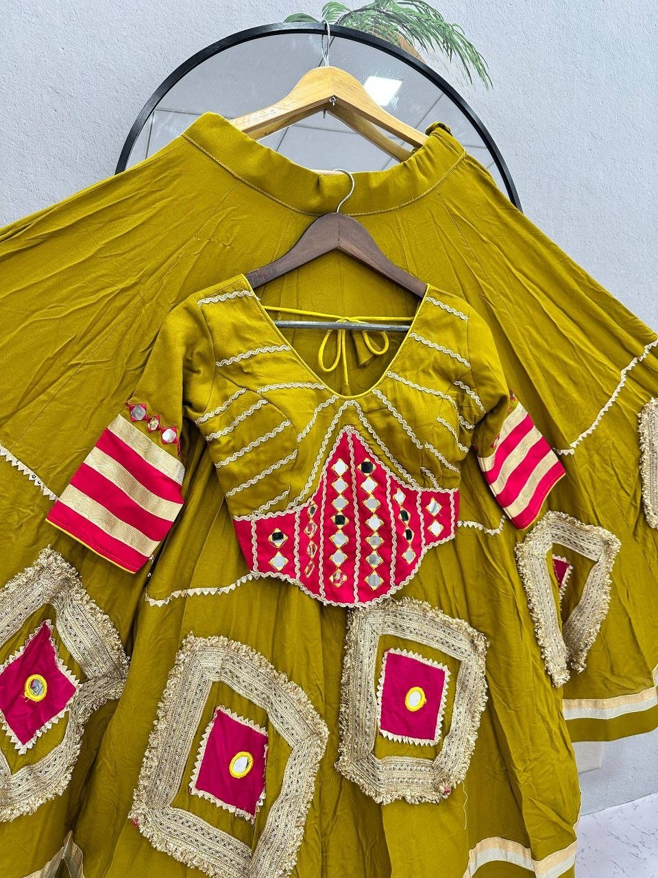 Mirror Work Patchwork Flare Flared Lehenga Choli with Embroidered Blouse