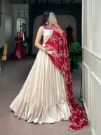 Embellished Neckline Silk Flared Lehenga Set with Floral Printed Dupatta