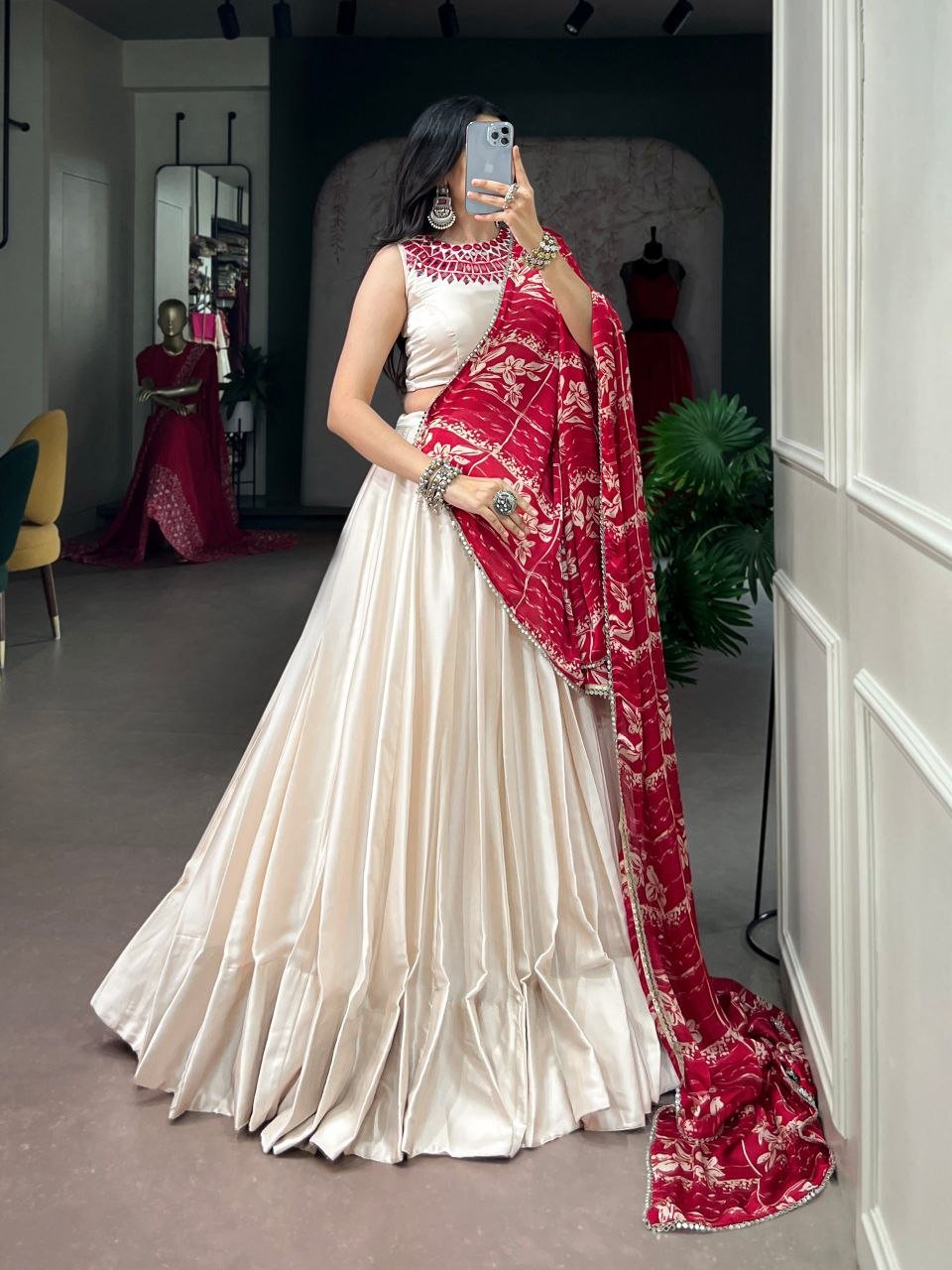Embellished Neckline Silk Flared Lehenga Set with Floral Printed Dupatta