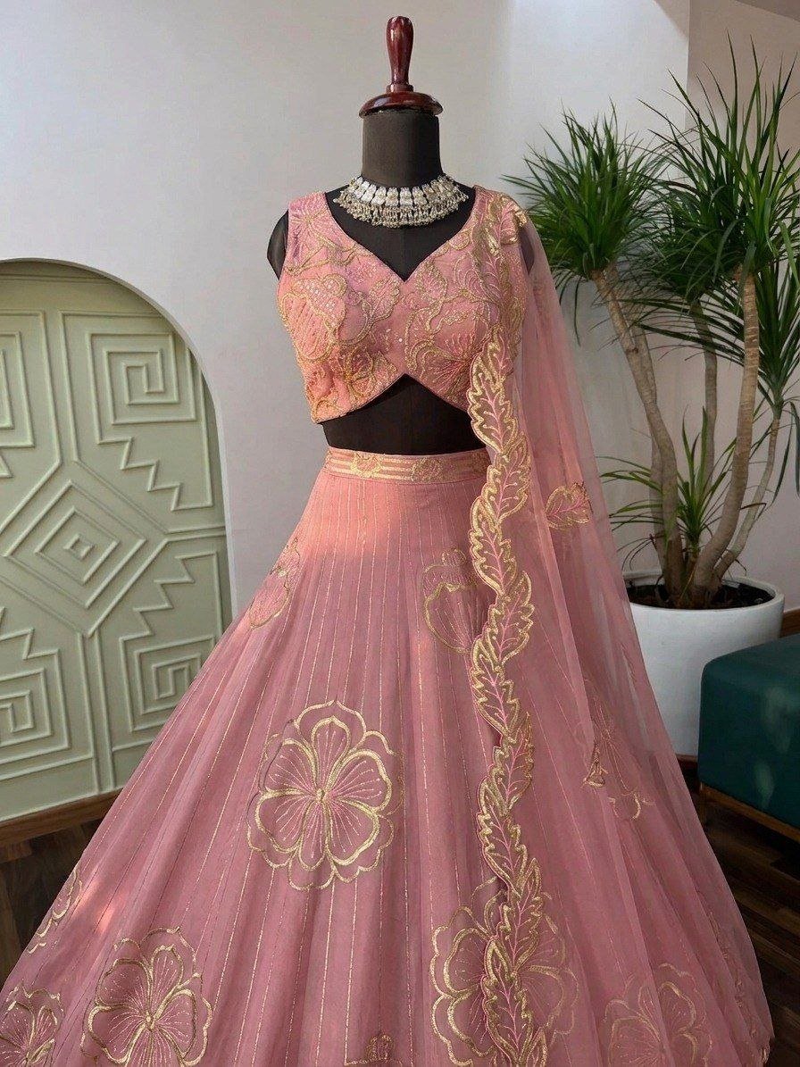 Gold Thread Embroidered Floral Lehenga Set with Scalloped Dupatta