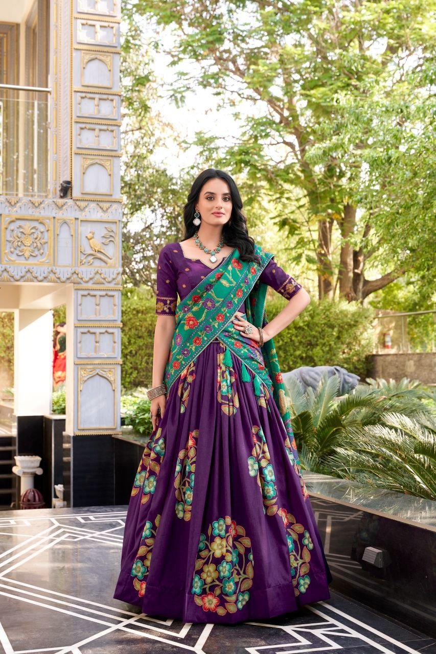 Hand Printed Kalamkari Silk Lehenga Set with Printed Dupatta
