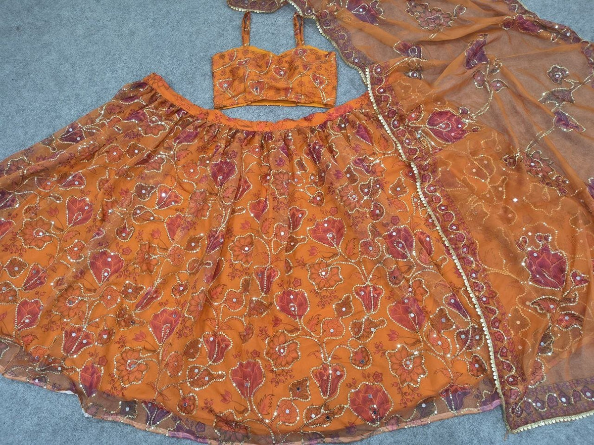 Organza Printed Lehenga Set with Intricate Sequined Threadwork