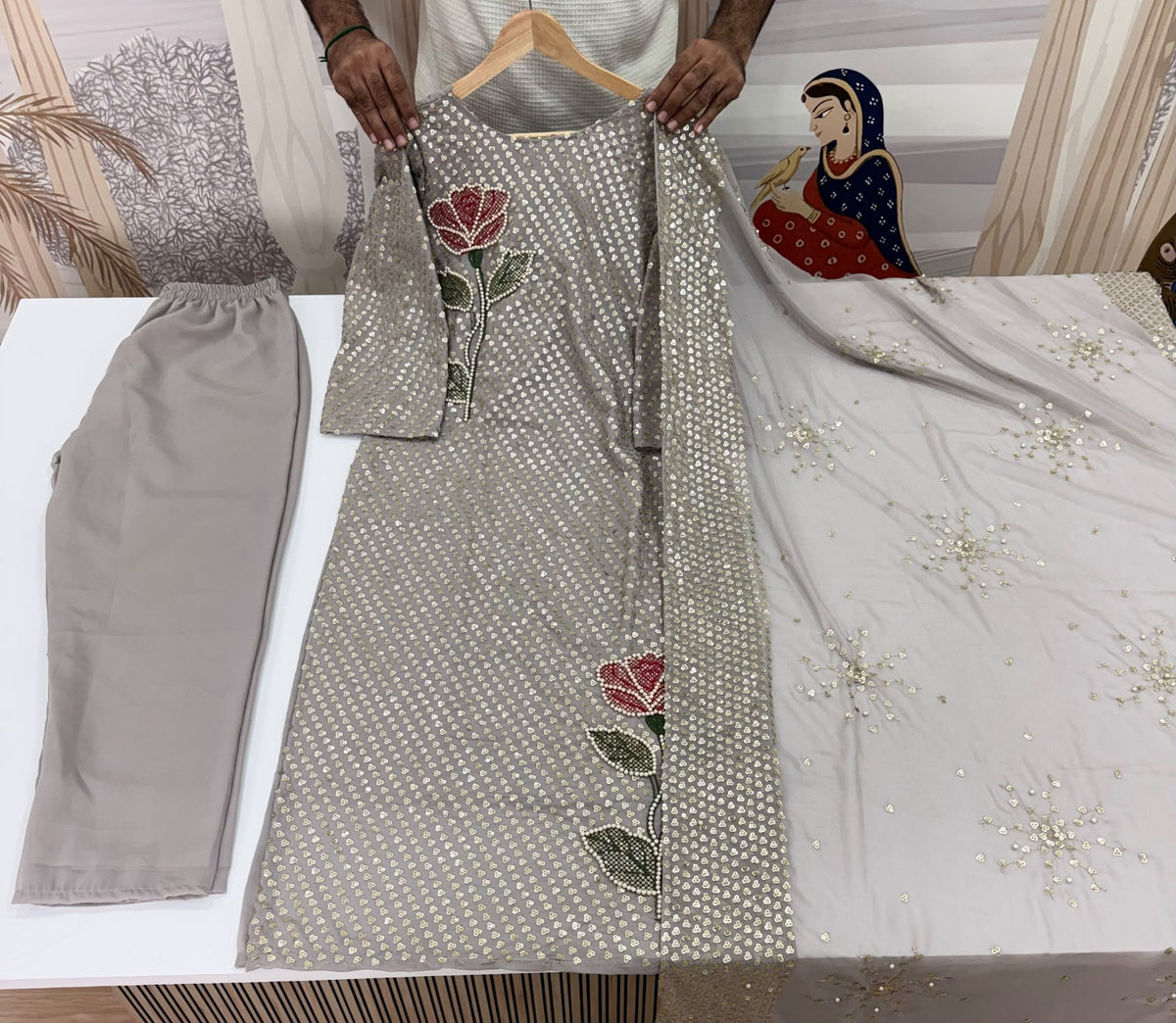 Royal Heritage Embroidered Anarkali Suit Ensemble With Intricate Floral Motifs and Shimmering Details