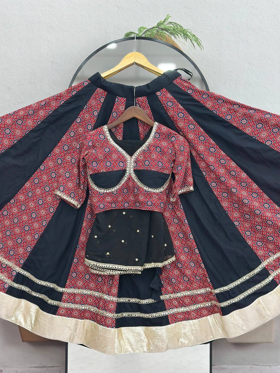 Printed Panel Flared Lehenga Choli with Lace Border Dupatta