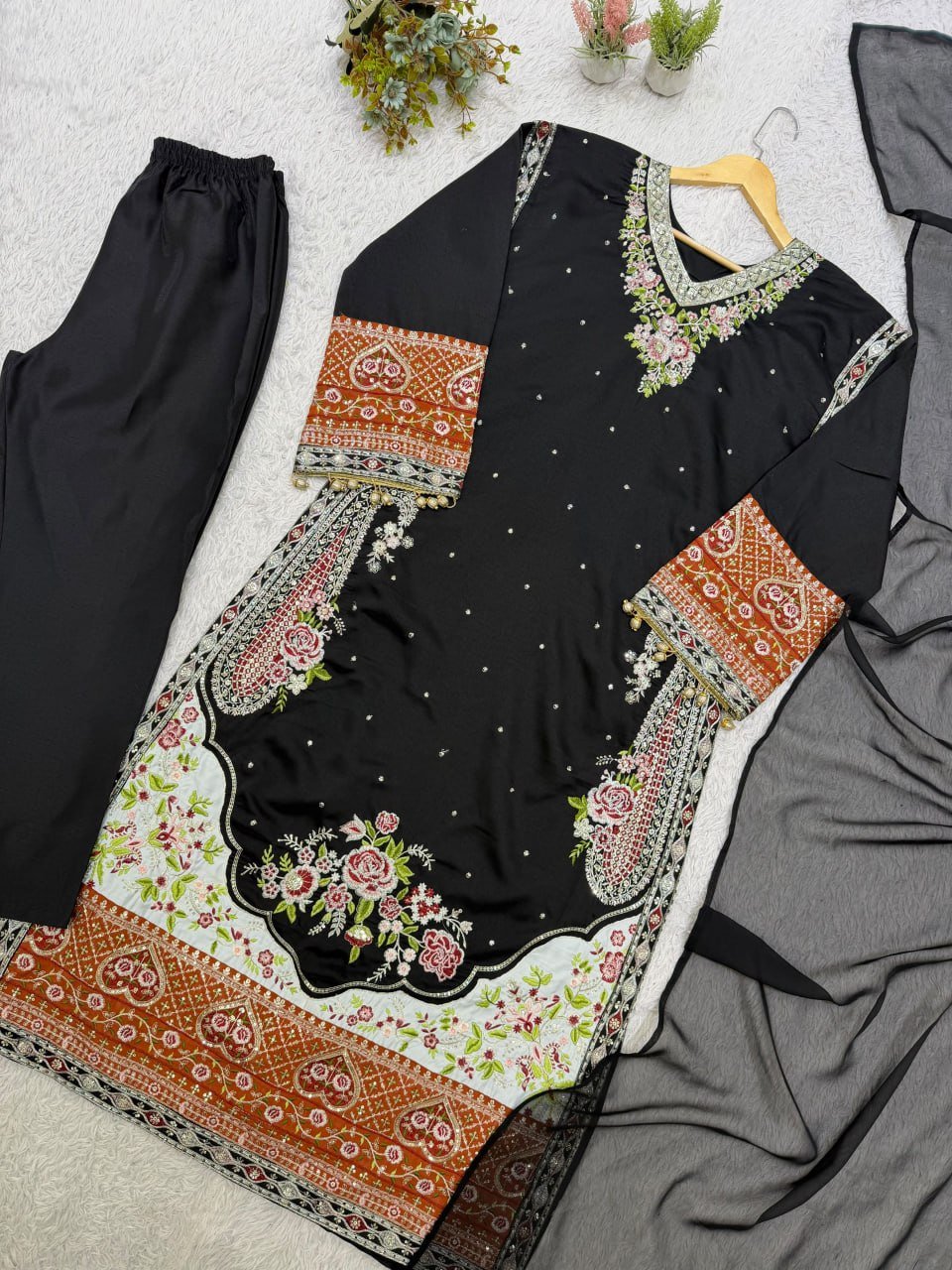 Embroidered Kaftan Kurta Set with Intricate Floral Borders and Shell Detail Cuffs