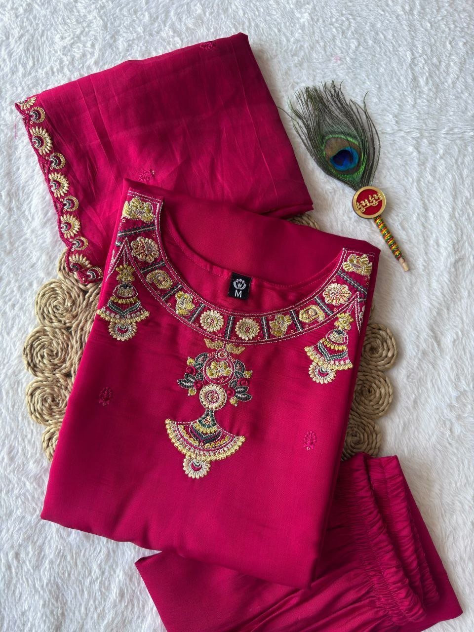 Embroidered Neckline Straight Kurta Set with Scalloped Dupatta - Surat Wholesale Ethnic Wear (Photo 7)