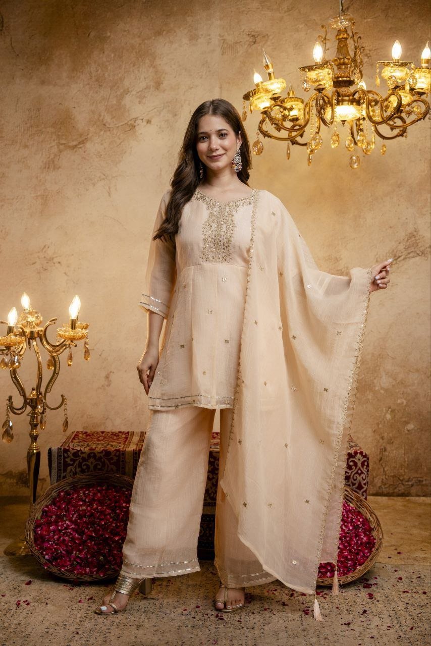 Embroidered Chanderi Kurta Set with Gota Patti Dupatta