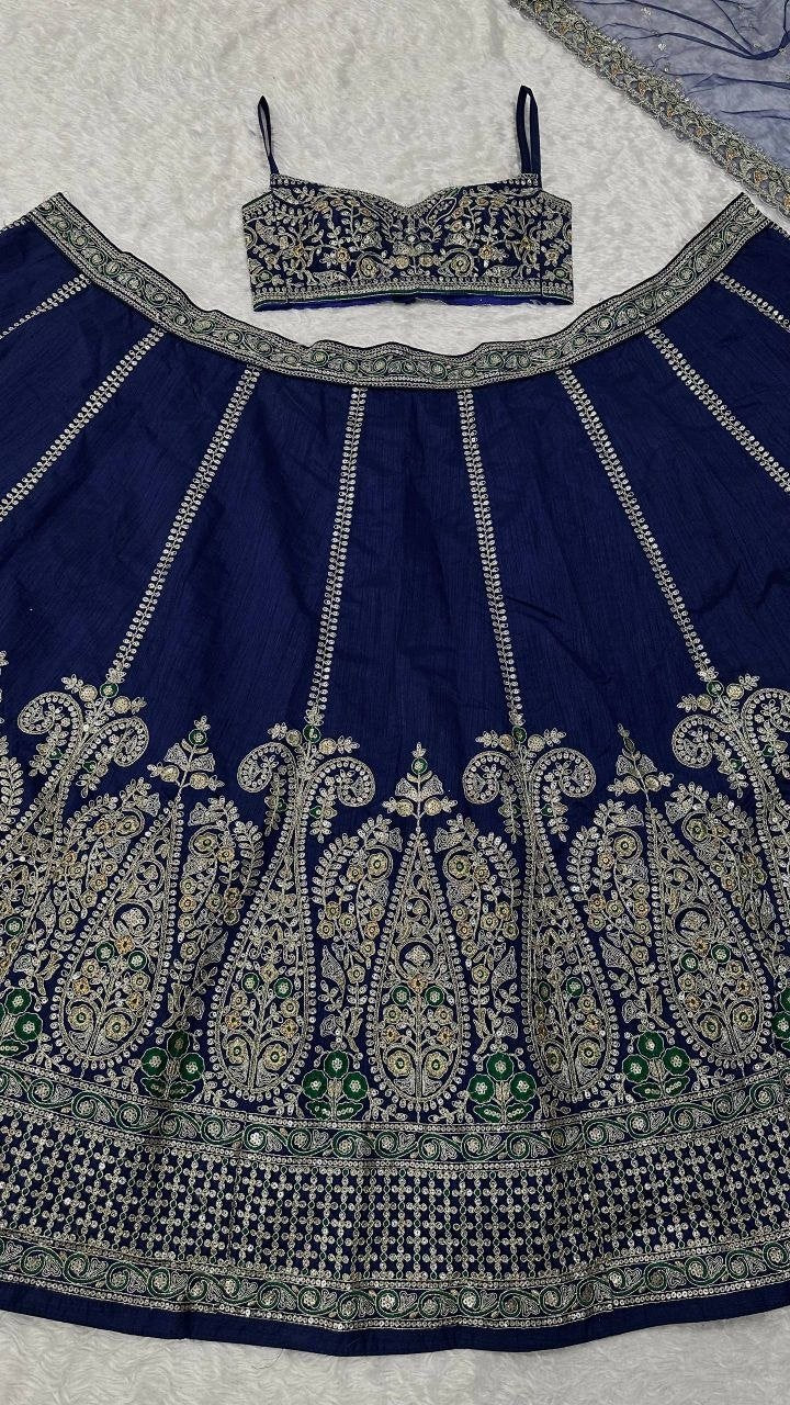 Paisley Motif Embellished Silk Lehenga Set with Draped Jacket Cape