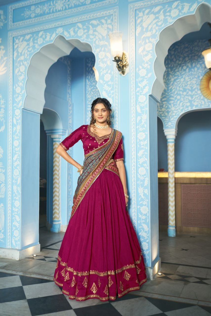 Embroidered Flared Silk Lehenga Set with Printed Dupatta - Surat Wholesale Ethnic Wear (Photo 7)