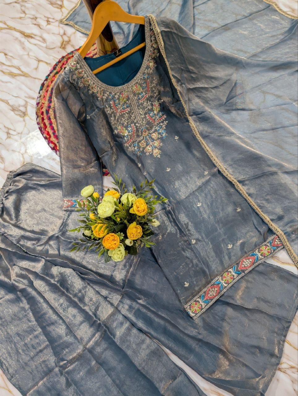 Artisanal Threadwork Embroidered Straight Kurta Sharara Set with Sheer Dupatta