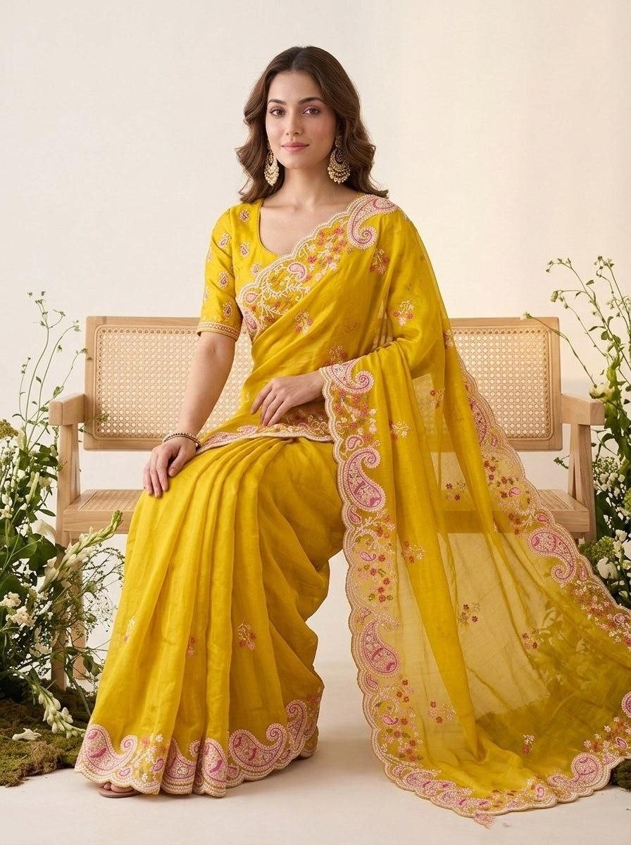 Garden Floral Romance Paisley Embroidered Draped Saree