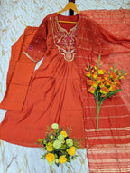 Intricate Embroidery Design on Solid Kurta Set with Striped Dupatta