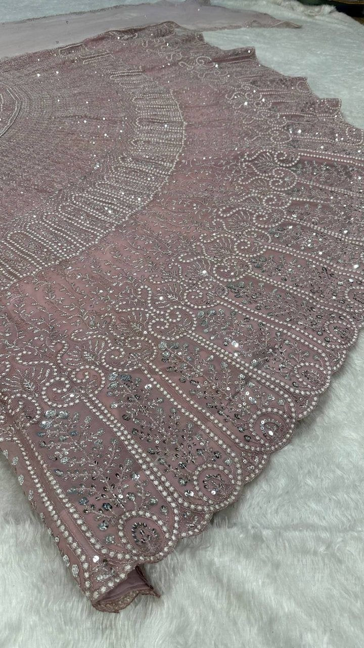 Sequined Thread Work Georgette Lehenga Set with Scalloped Net Dupatta