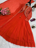 Festive Pleated Gown Ensemble with Embellished Jacket and Sheer Dupatta