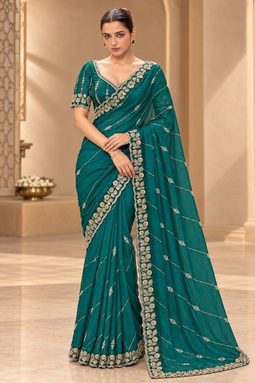 Timeless Splendor Embroidered Saree with Intricate Floral Zari Border Detailing - Surat Wholesale Ethnic Wear (Photo 7)