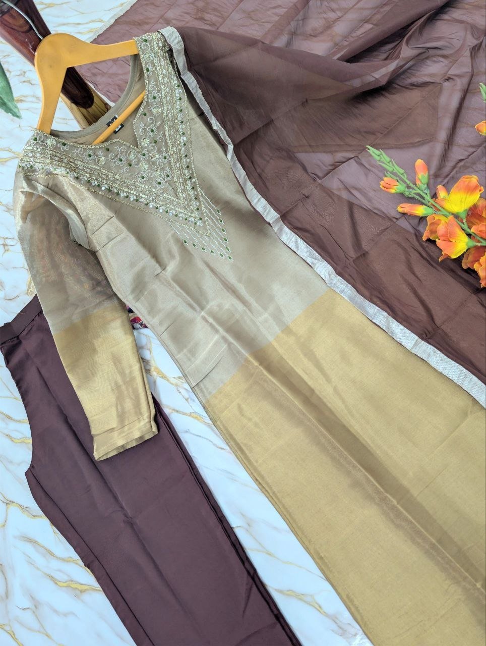 Embroidered Silk Straight Kurta Set With Embellished Dupatta