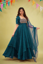 Cocktail Party Polish Layered Anarkali Gown with Embellished Neckline Dupatta - Surat Wholesale Ethnic Wear (Photo 7)