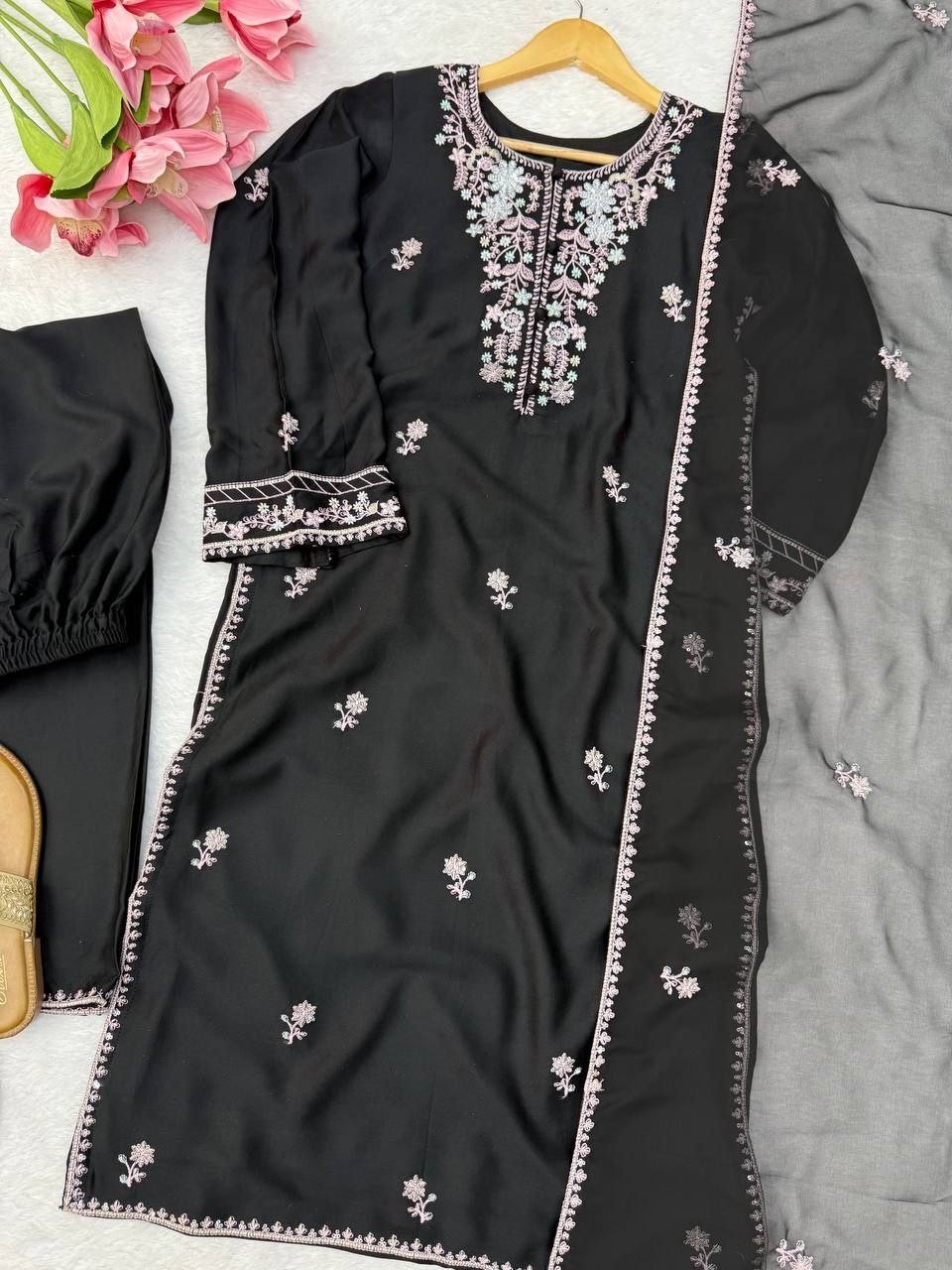 Midnight Radiance Embroidered Straight Kurta with Palazzo and Dupatta