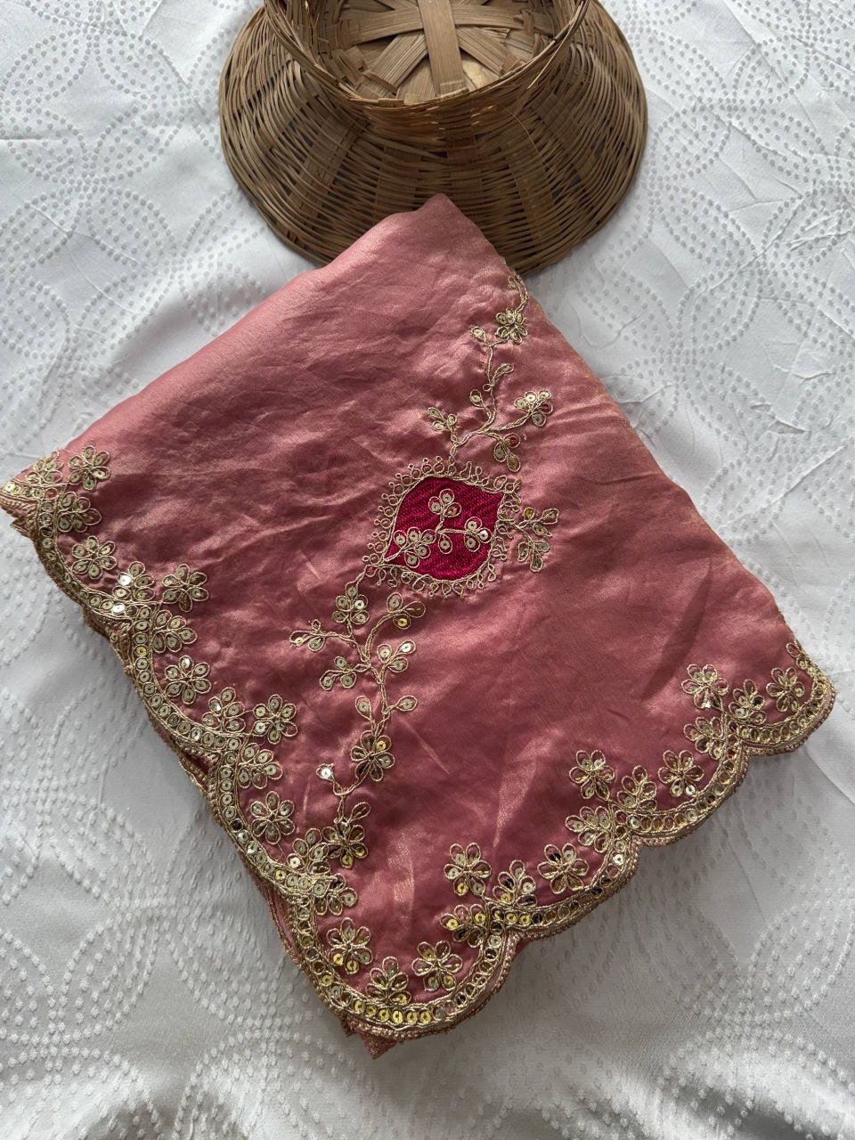 Scalloped Embroidered Tissue Silk Saree with Contrasting Blouse Unveiling Timeless Splendor