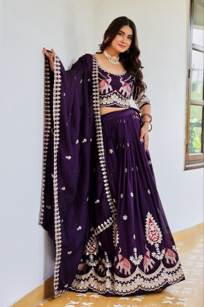 Elephant Motif Embroidered Silk Lehenga Set with Lace Border Dupatta - Surat Wholesale Ethnic Wear (Photo 7)
