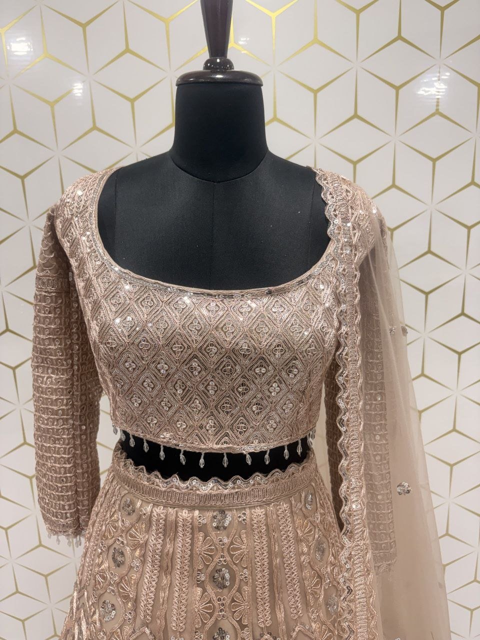 Intricate Chikankari Sequined Net Lehenga Set with Embellished Belt - Surat Wholesale Ethnic Wear (Photo 7)