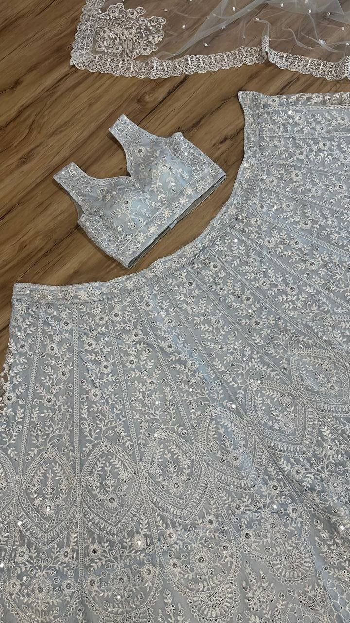 Chikankari Sequined Lehenga Set with Attached Cape Dupatta