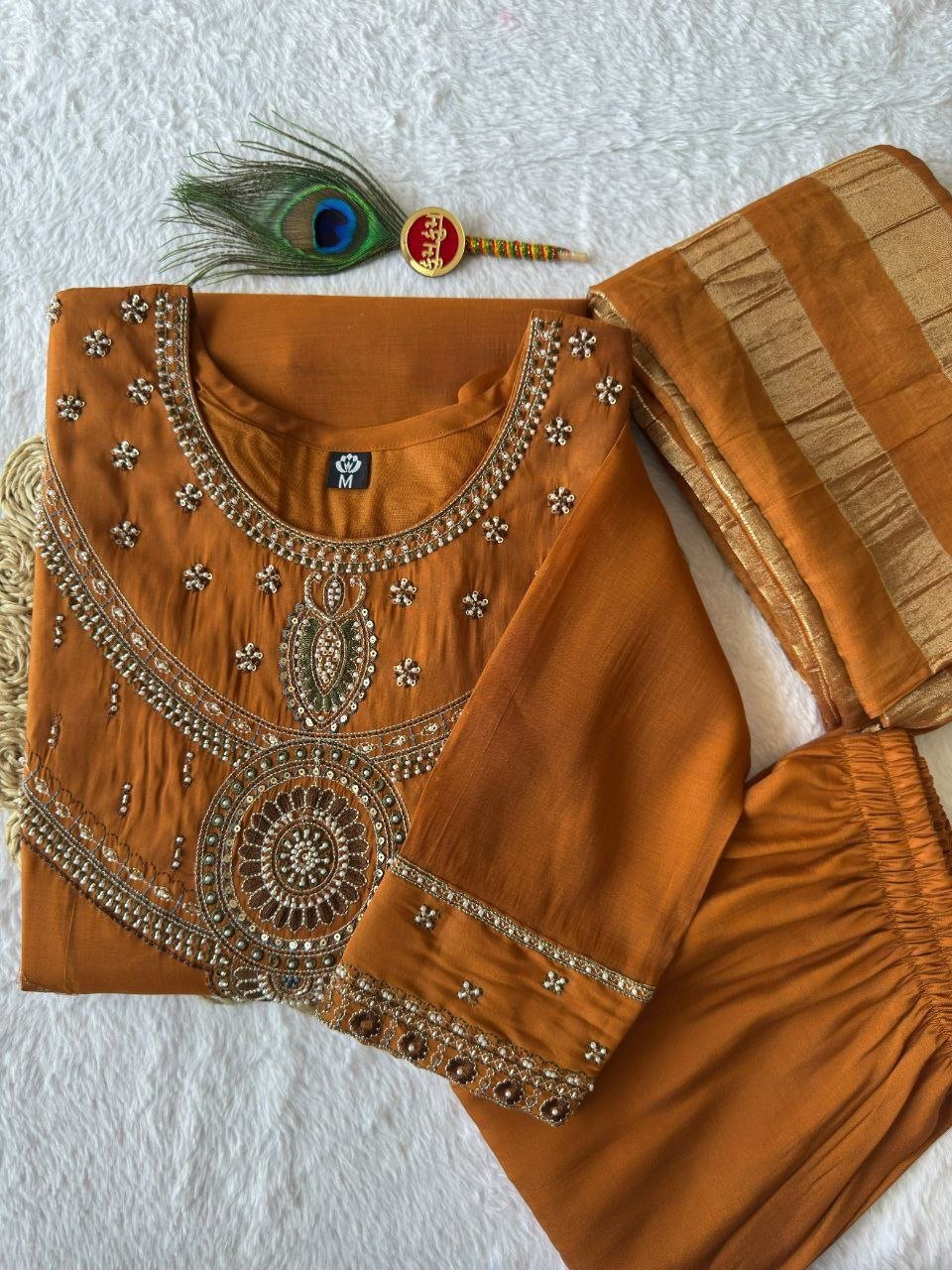 Hand-Embellished Anarkali Suit Set with Striped Dupatta