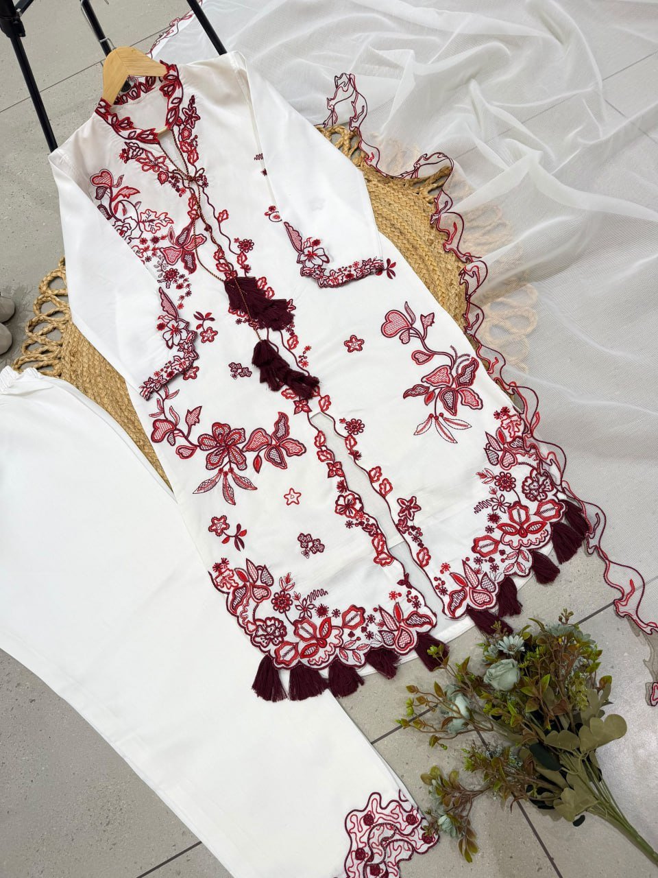 Contemporary Floral Embroidered Suit with Delicate Sheer Dupatta