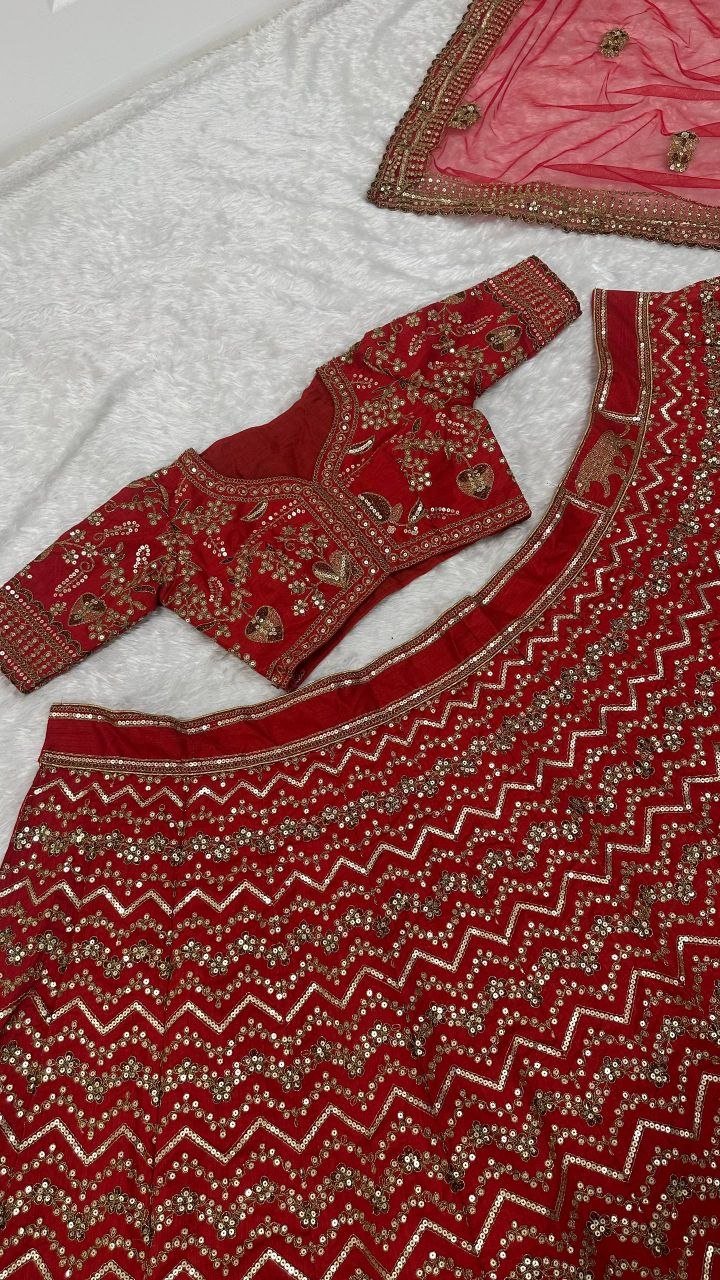 Chevron Embroidered Heavy Bridal Velvet Lehenga Set with Blouse