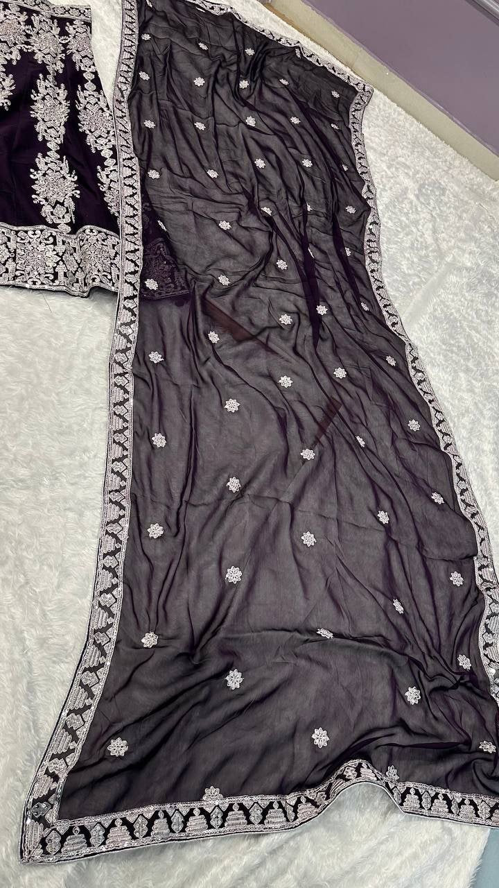 Contrast Thread Embroidered Georgette Lehenga Set with Sleeveless Blouse - Surat Wholesale Ethnic Wear (Photo 7)