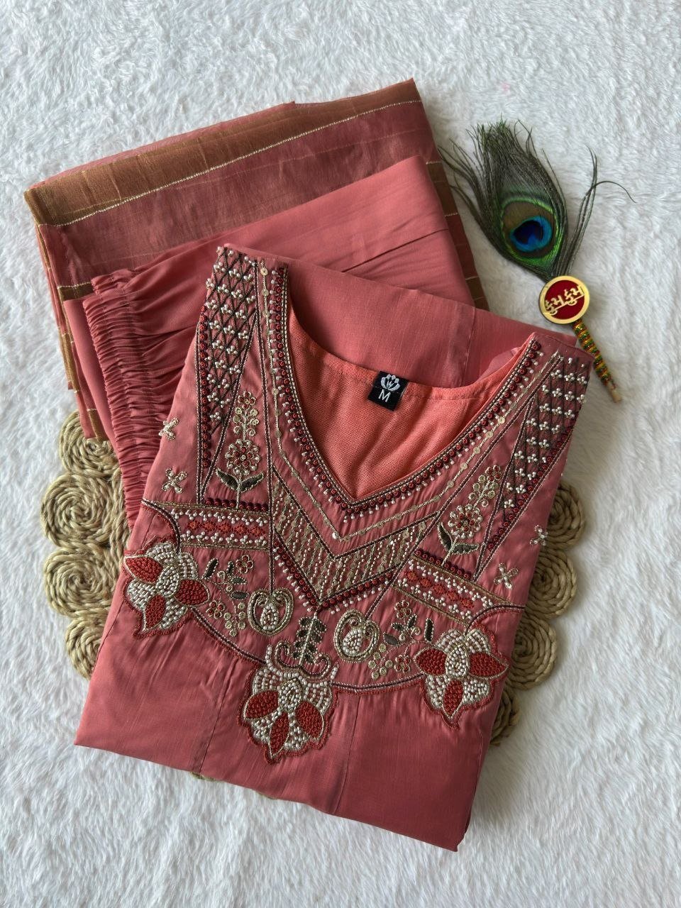 Embroidered Anarkali Kurta Set with Zari Striped Dupatta