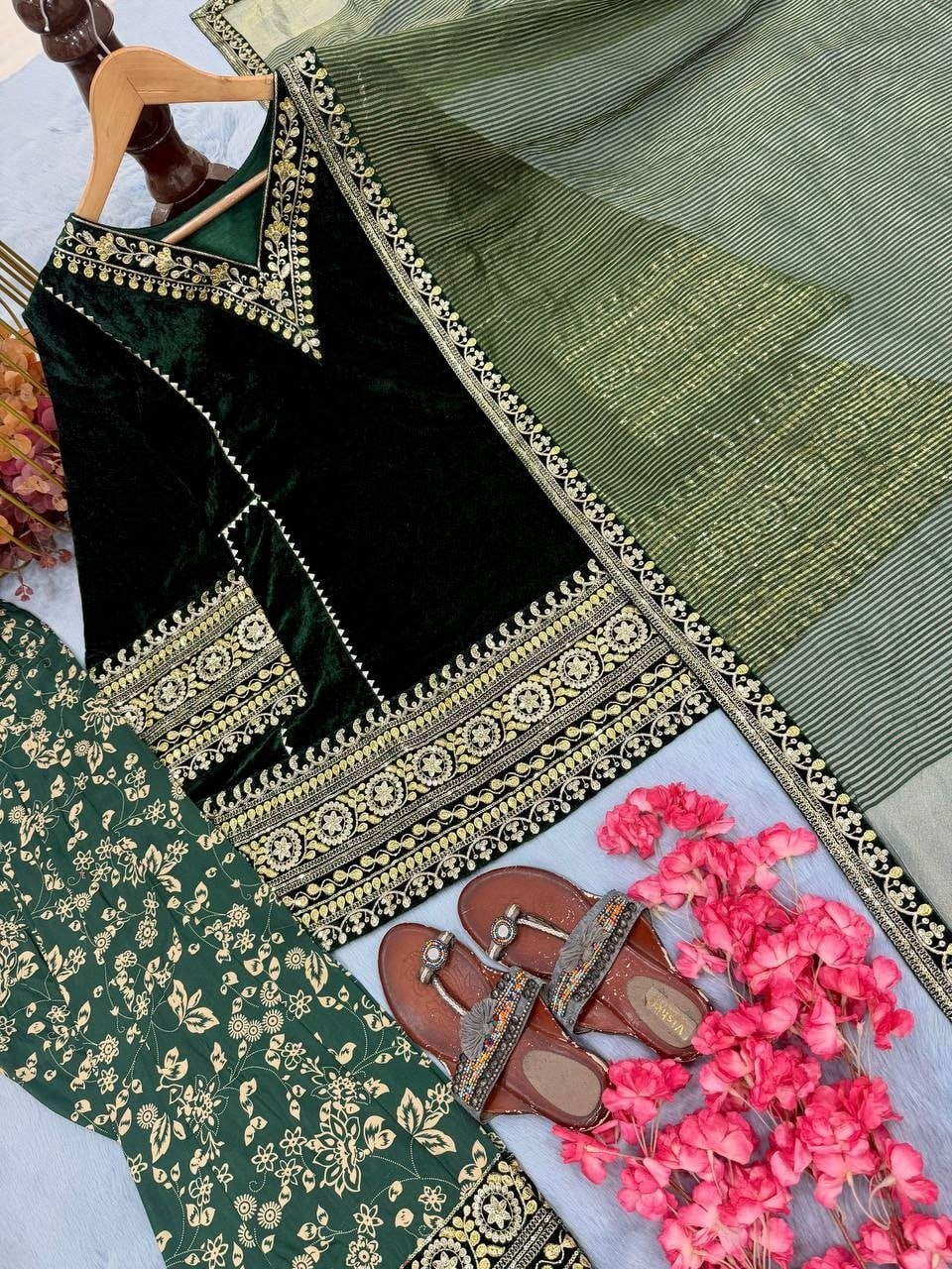 Velvet Heavily Embroidered Kurta With Salwar And Dupatta Set - Surat Wholesale Ethnic Wear (Photo 7)