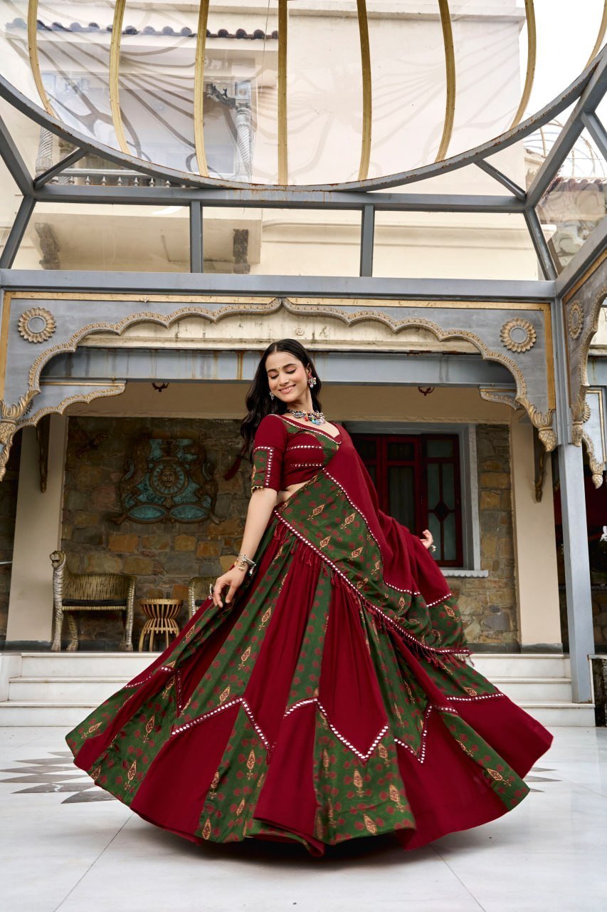 Printed Patchwork Flared Lehenga Choli Set With Pleated Hem