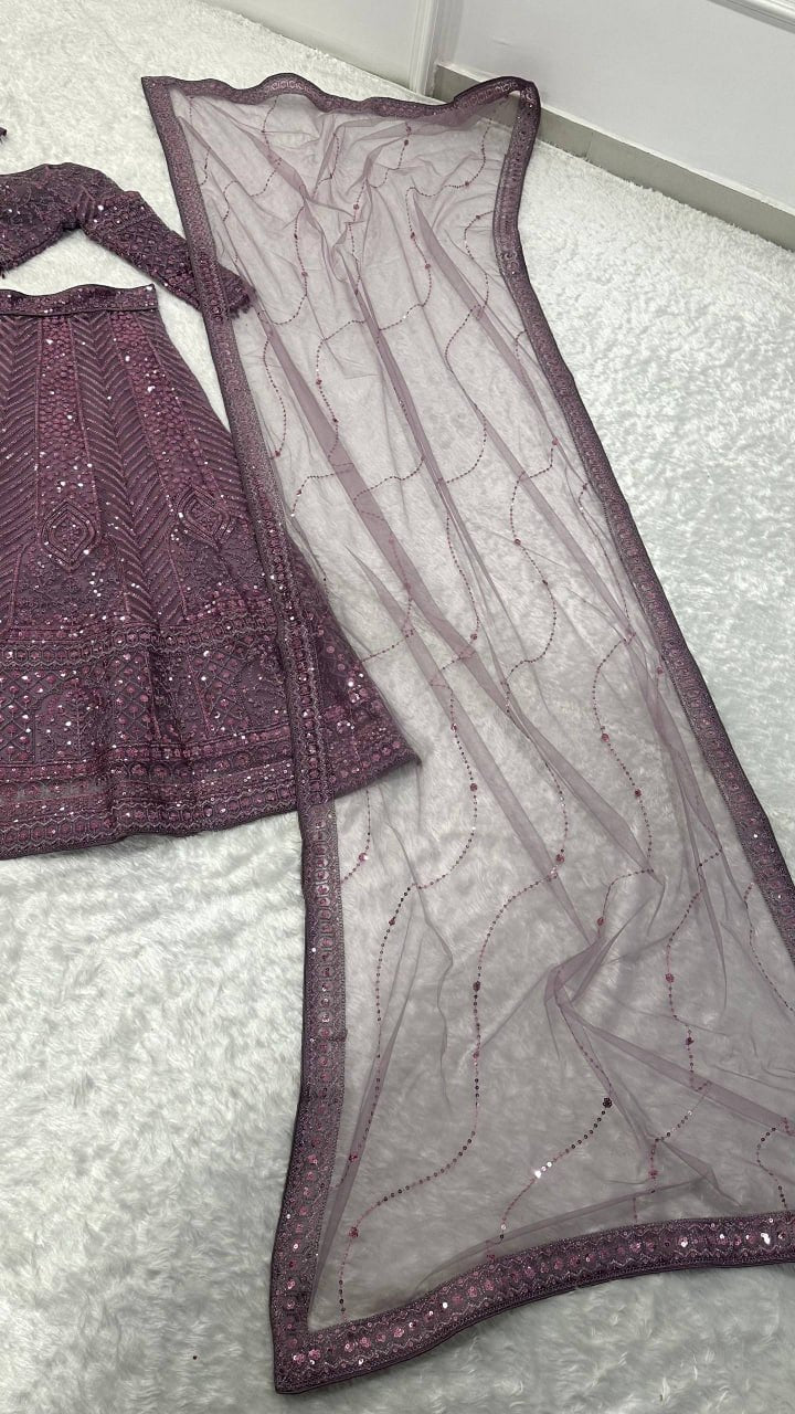 Sequined Chevron Patterned Lehenga Set with Long Net Shrug