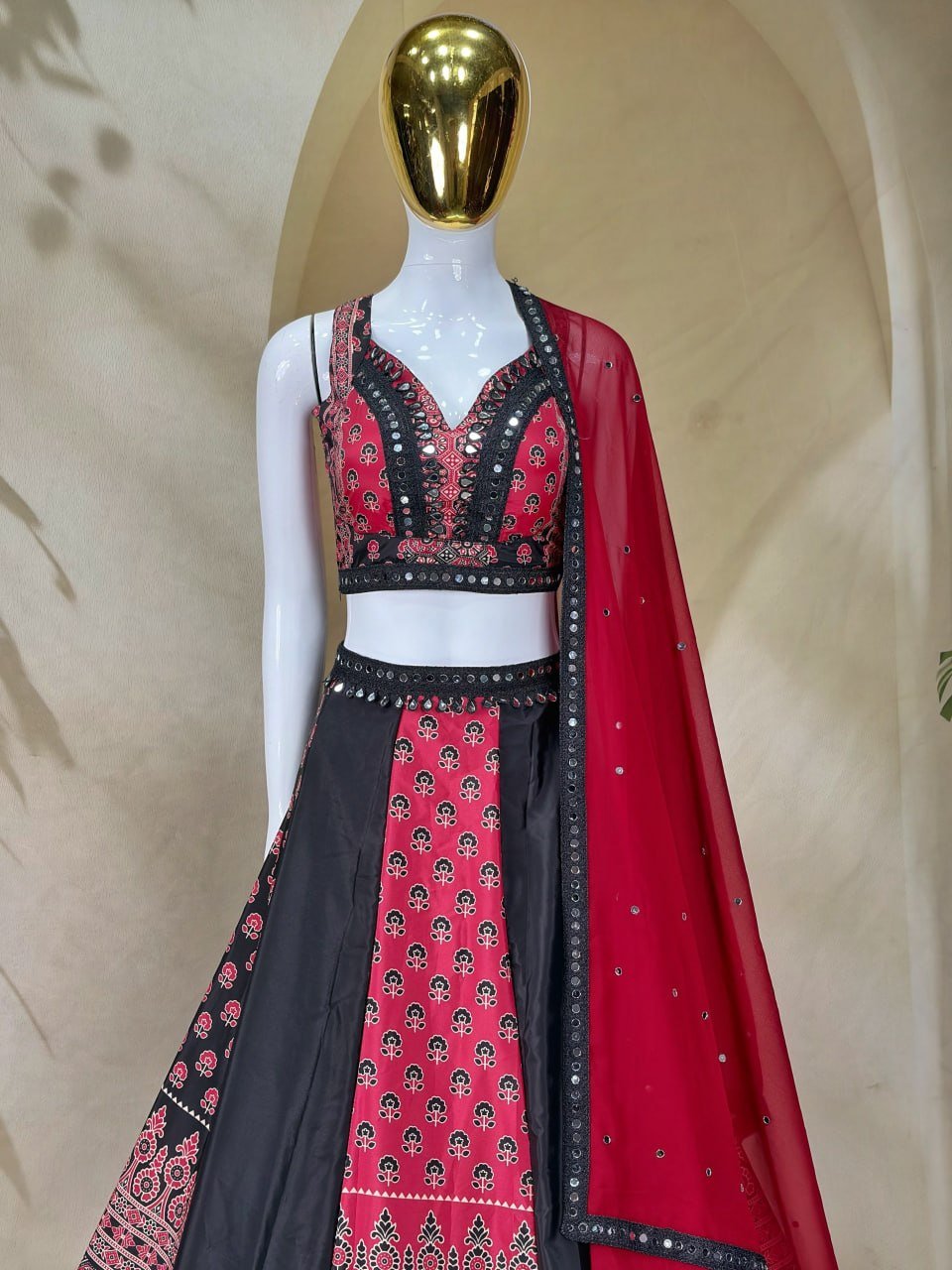 Ornate Printed Panel Flared Lehenga Choli with Mirror Work Border