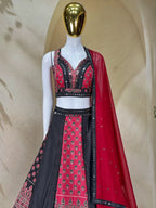 Ornate Printed Panel Flared Lehenga Choli with Mirror Work Border
