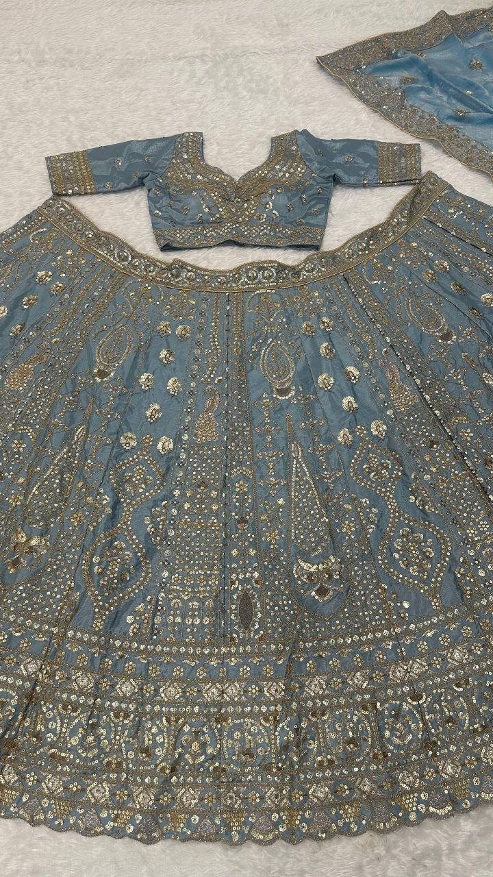 Sequined Heavy Embroidered Bridal Lehenga Set with Sheer Dupatta