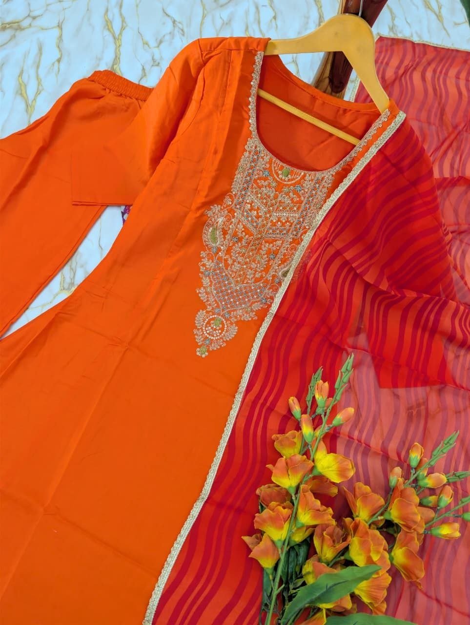 Festive Embroidered Anarkali Suit with Striped Dupatta