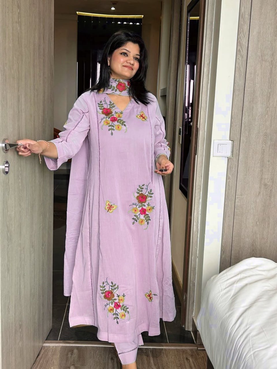 Garden Floral Romance Embroidered Anarkali Kurta with Dupatta Set