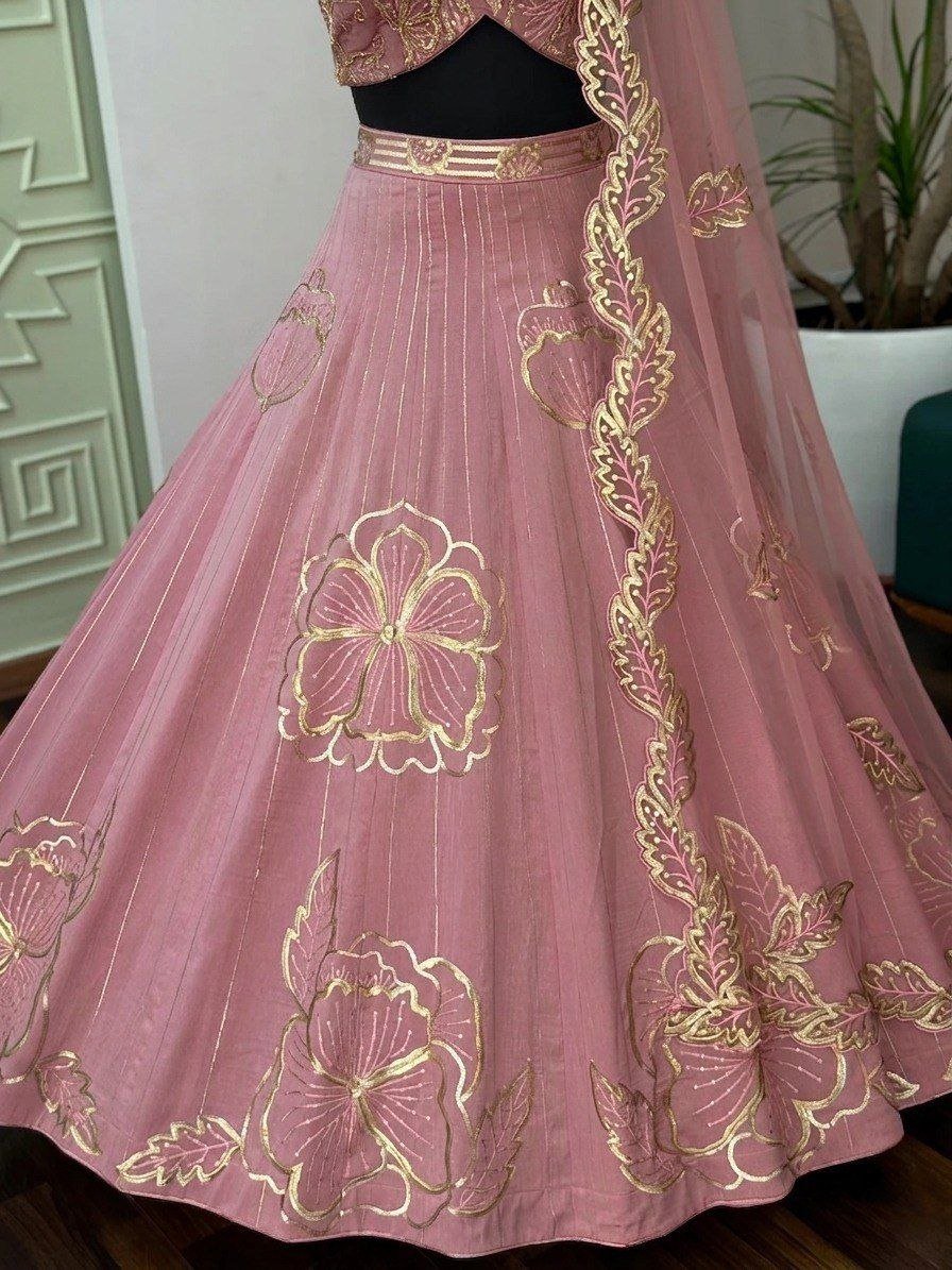 Gold Thread Embroidered Floral Lehenga Set with Scalloped Dupatta