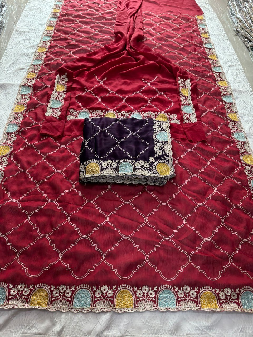 Royal Heritage Geometric Embroidered Saree with Multicolour Zari Border and Intricate Designer Blouse