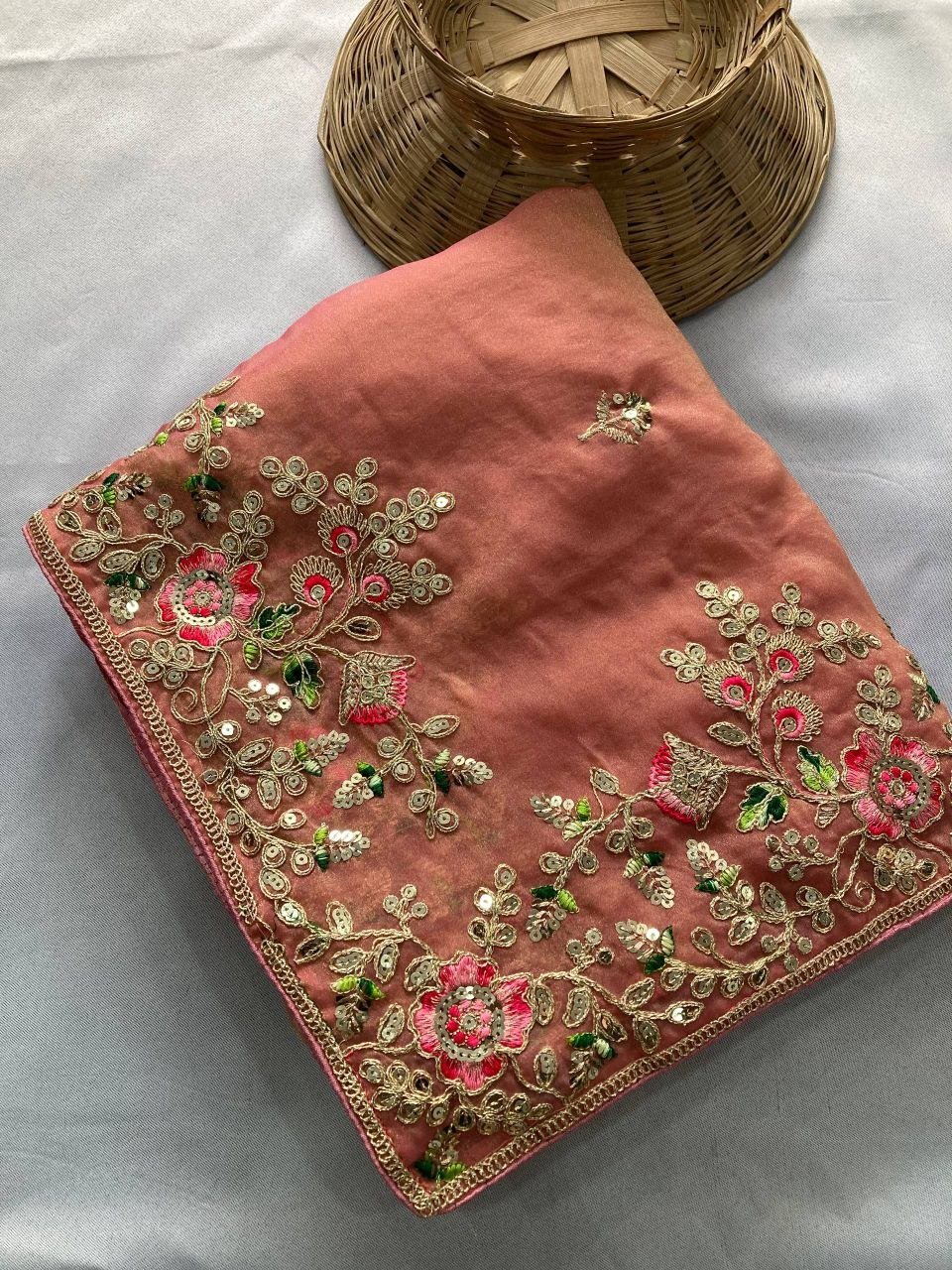 Exquisite Floral Embroidered Draped Saree with Regal Charm