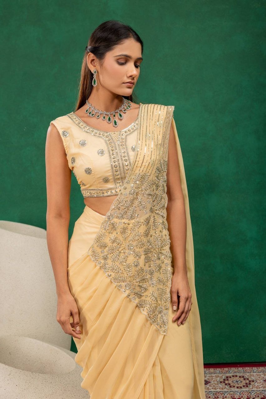 Sequined Heavy Work Jacket With Pre Stitched Draped Saree Set