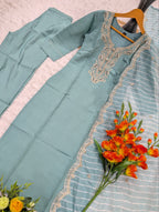 Intricate Embroidered Kurta Set with Scalloped Organza Dupatta