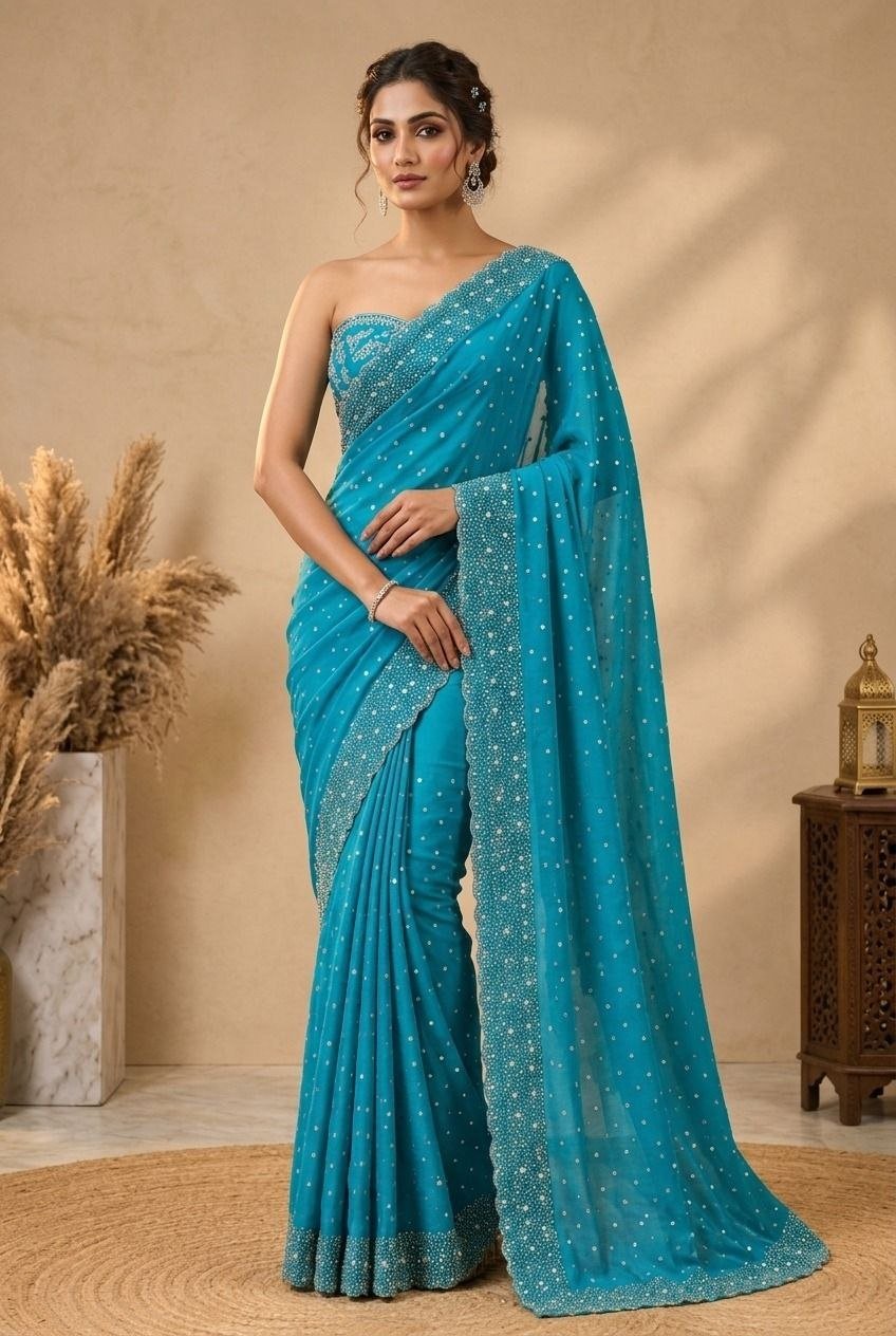 Midnight Radiance Embellished Draped Saree with Intricate Scalloped Border