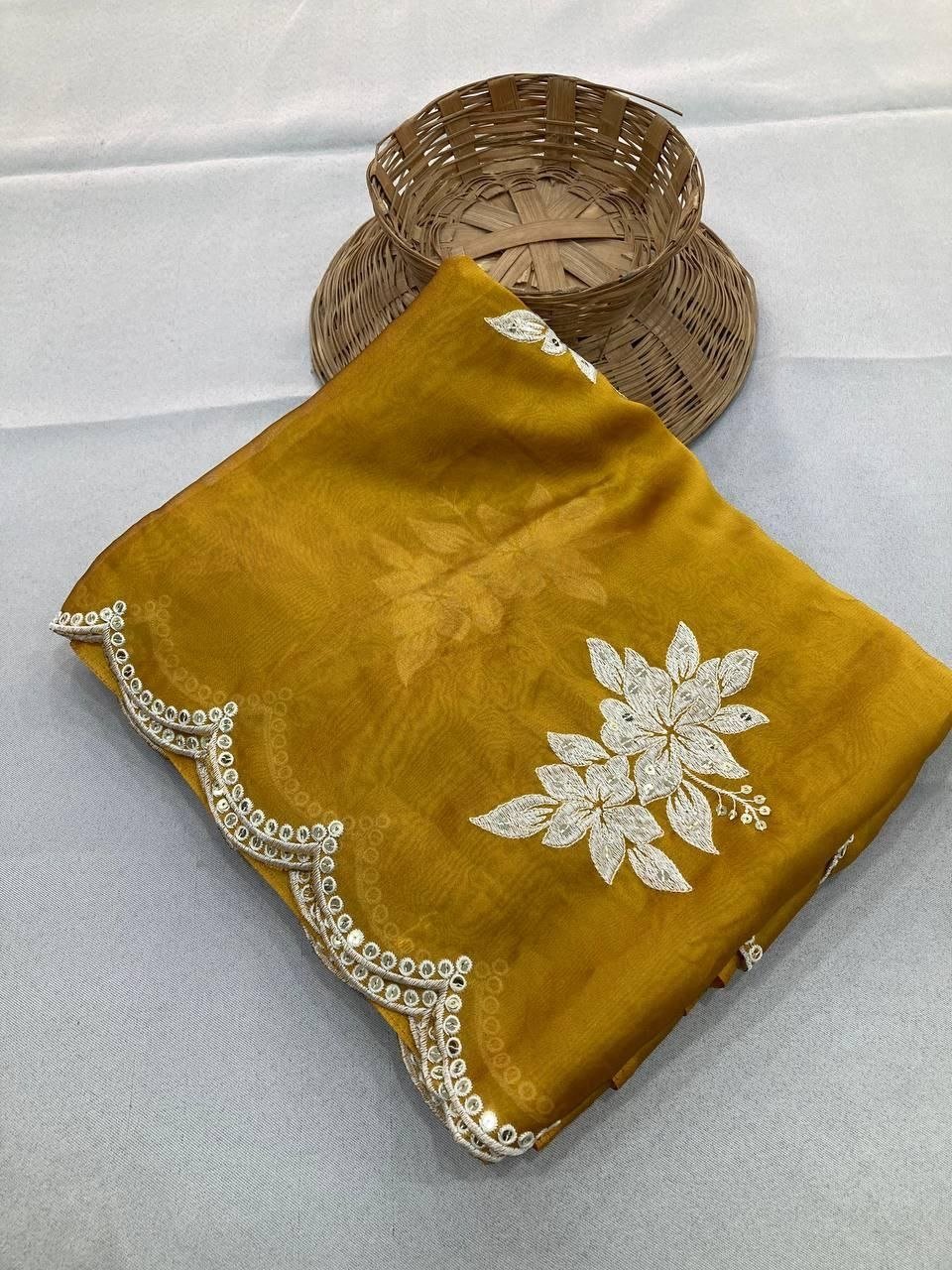 Garden Floral Romance Embroidered Saree with Scalloped Border