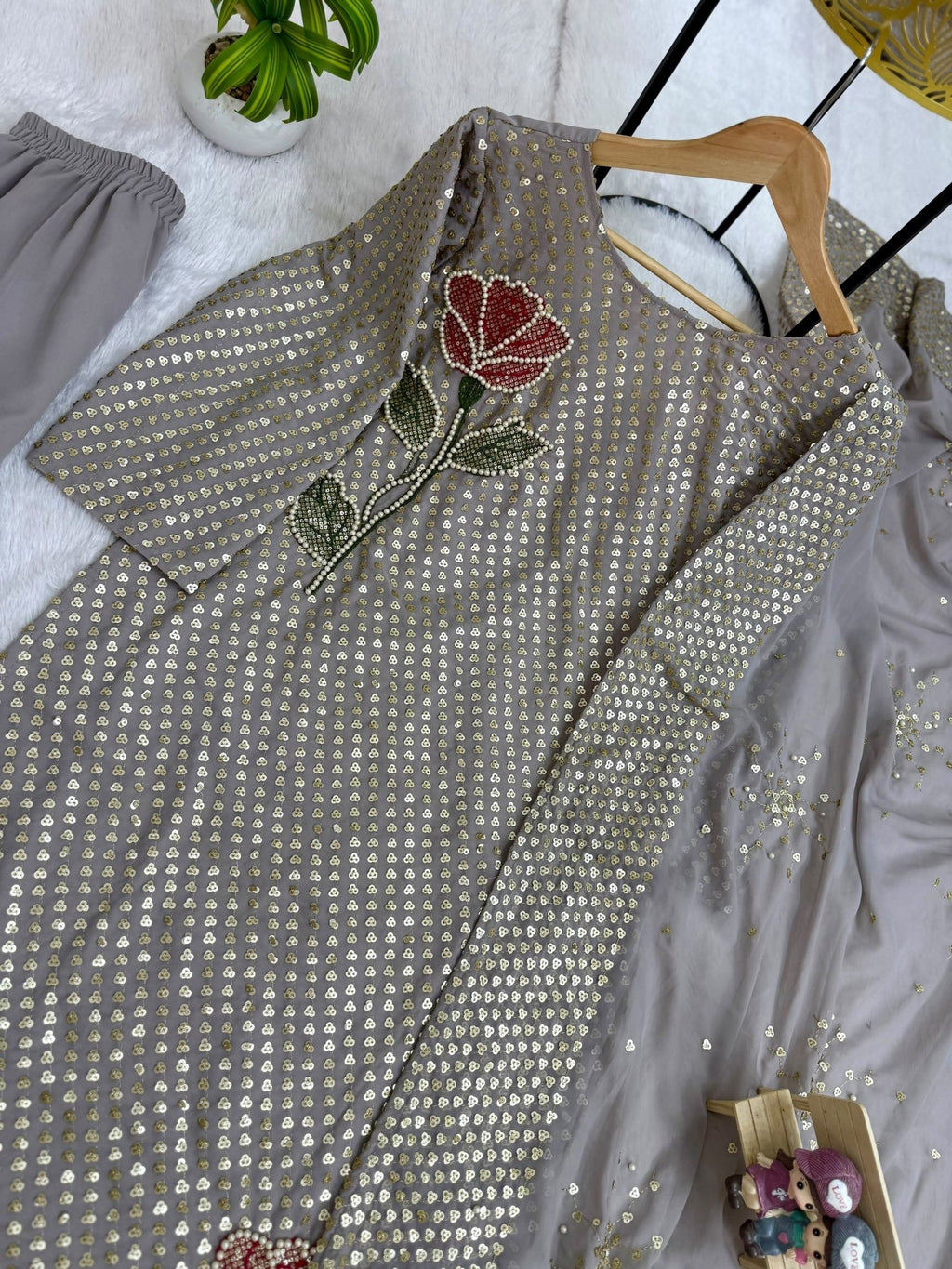 Royal Heritage Embroidered Anarkali Suit Ensemble With Intricate Floral Motifs and Shimmering Details
